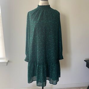 NWT J. Crew Smocked Green Floral Mock Neck Easy Dress